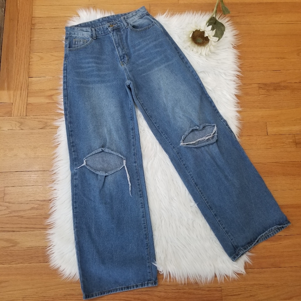 SHEIN High Waist Wide Leg Jeans with Holes on the Knees Color Washed Blue Size M - Picture 1 of 16